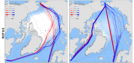 Transit routes for two kinds of ships (red and blue) with shrinking Arctic ice levels and opening of the Northwest Passage by 2050 (Image: Smith and Stephenson, PNAS, Early Edition)